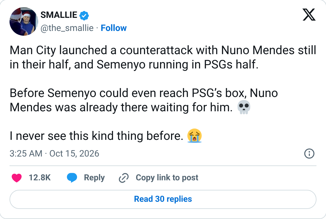 @the_smallie: Nuno Mendes starts stranded upfield and still beats Semenyo back.