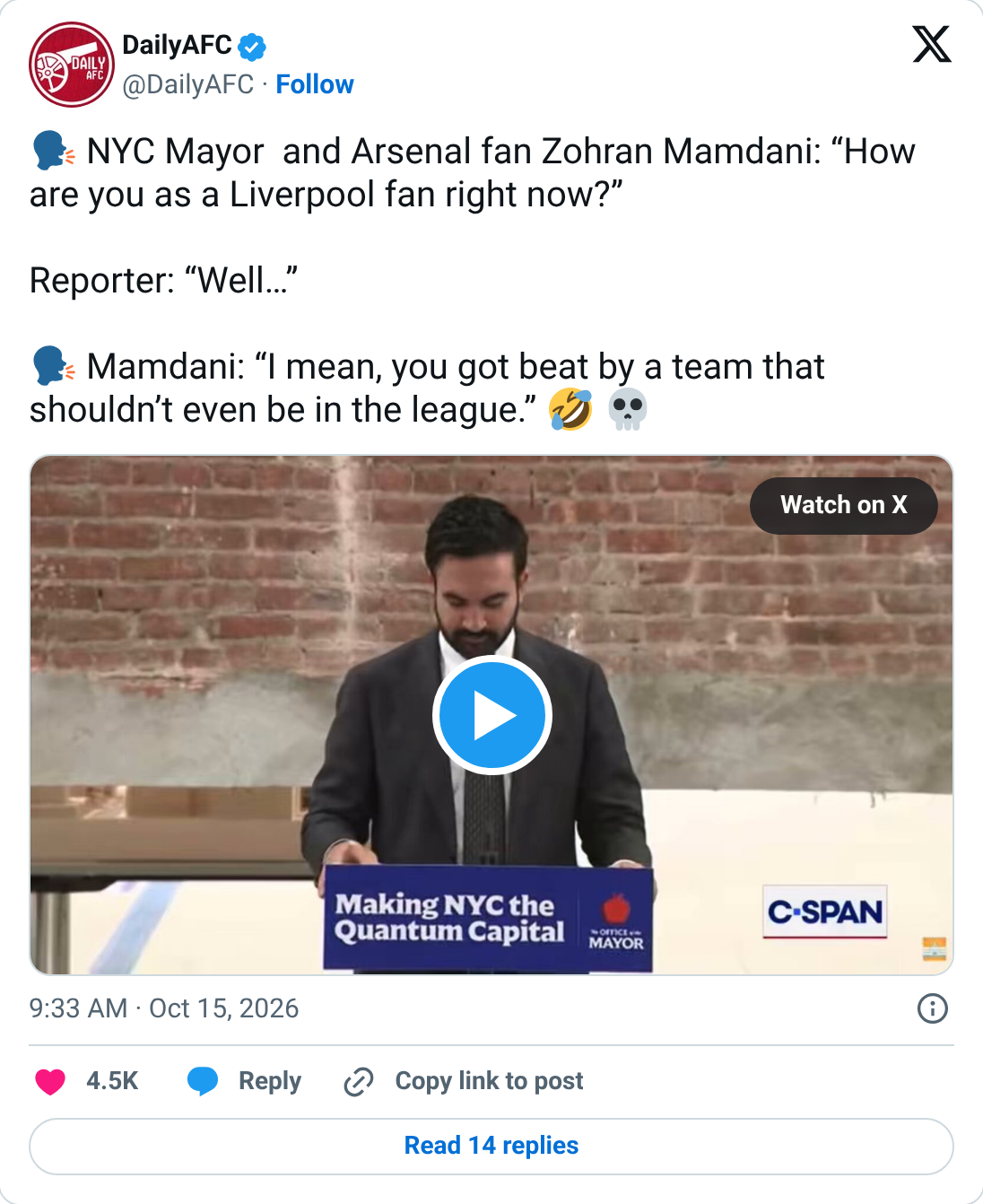 @DailyAFC: NYC Mayor Mamdani trolls a Liverpool-fan reporter.