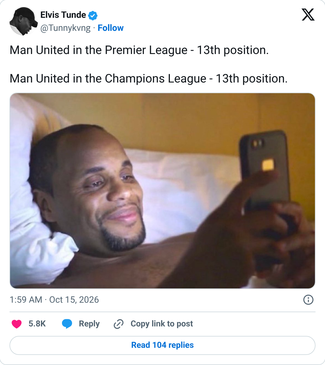 @Tunnykvng: Man United: 13th in the Prem, 13th in the Champions League.