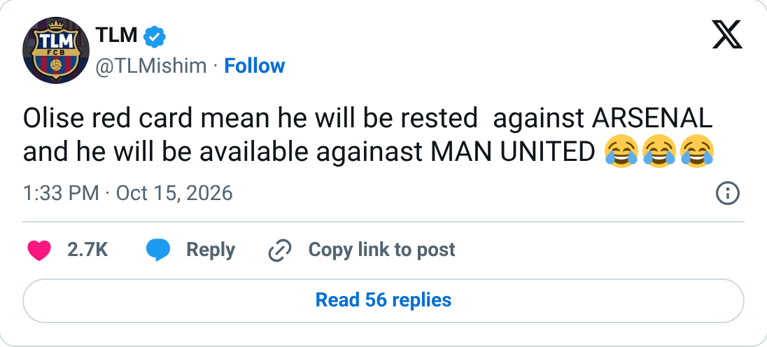 @TLMishim: Olise red card: rested for Arsenal, back just in time for United.