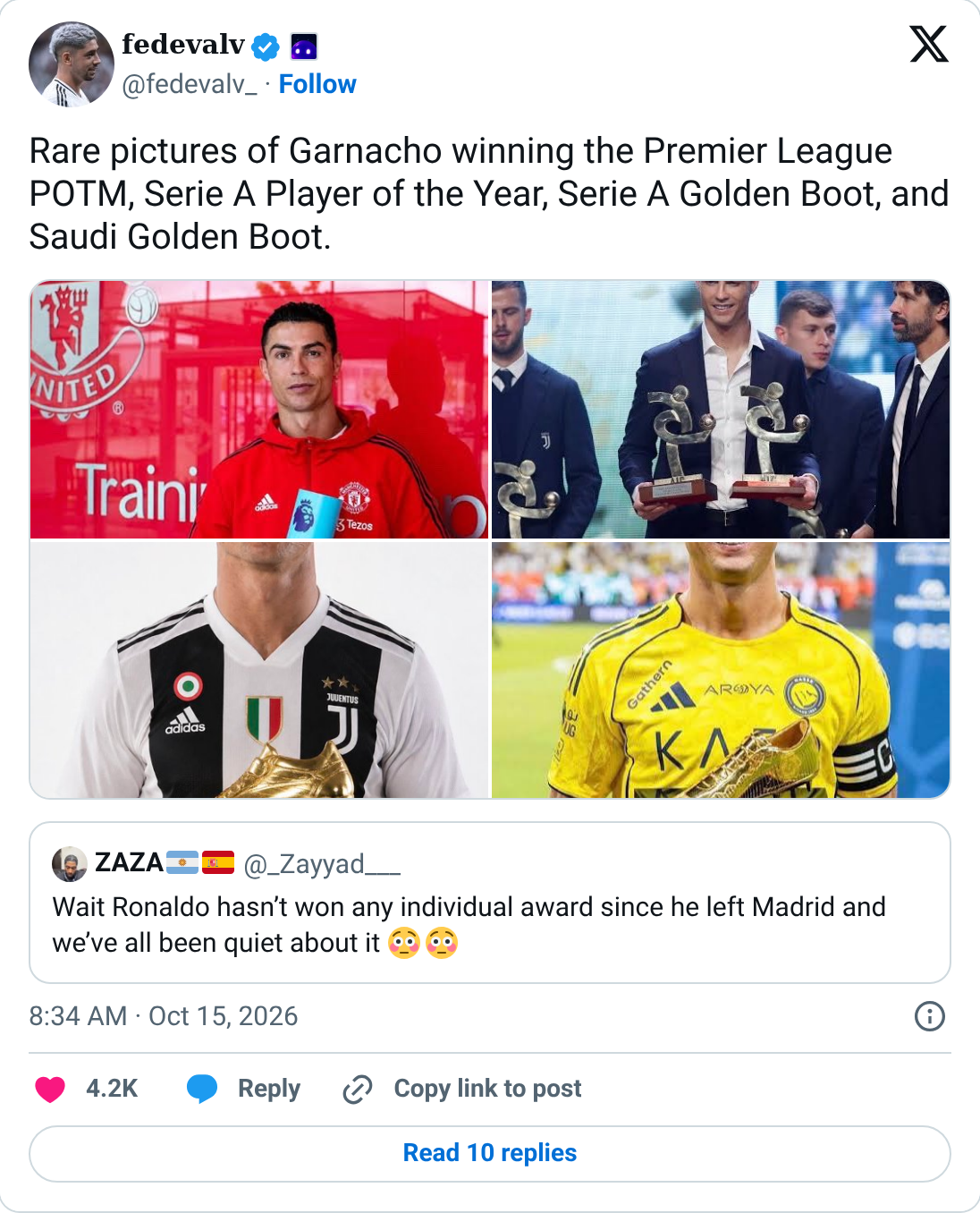 @fedevalv_: "Rare pictures" of Garnacho winning awards.